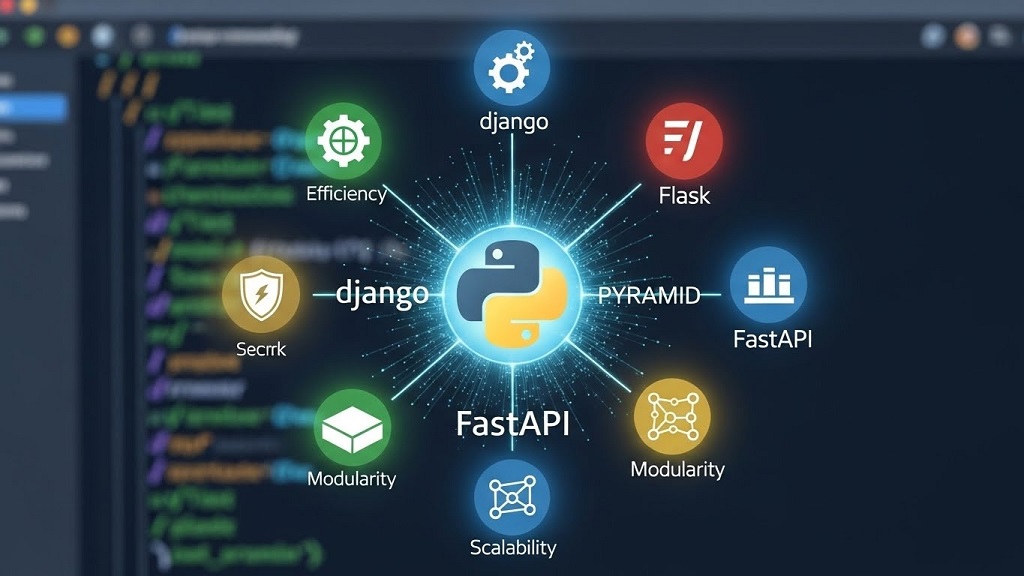 Visual workflow showing web development process with Python framework from request handling through database operations to response rendering
