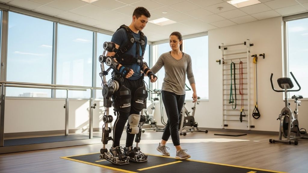 Person wearing robotic exoskeleton walking with assistance from physical therapist in rehabilitation facility
