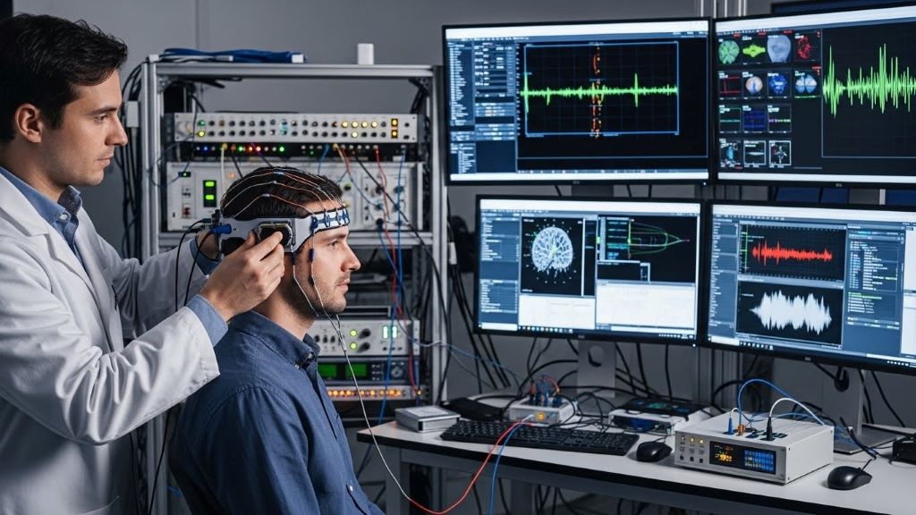 Researcher adjusting brain-computer interface headset on participant in modern laboratory setting with computer monitors