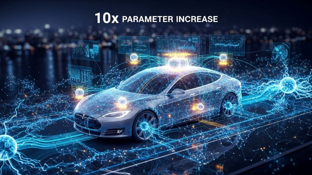 Tesla FSD neural network visualization displaying 10x parameter increase for improved perception accuracy