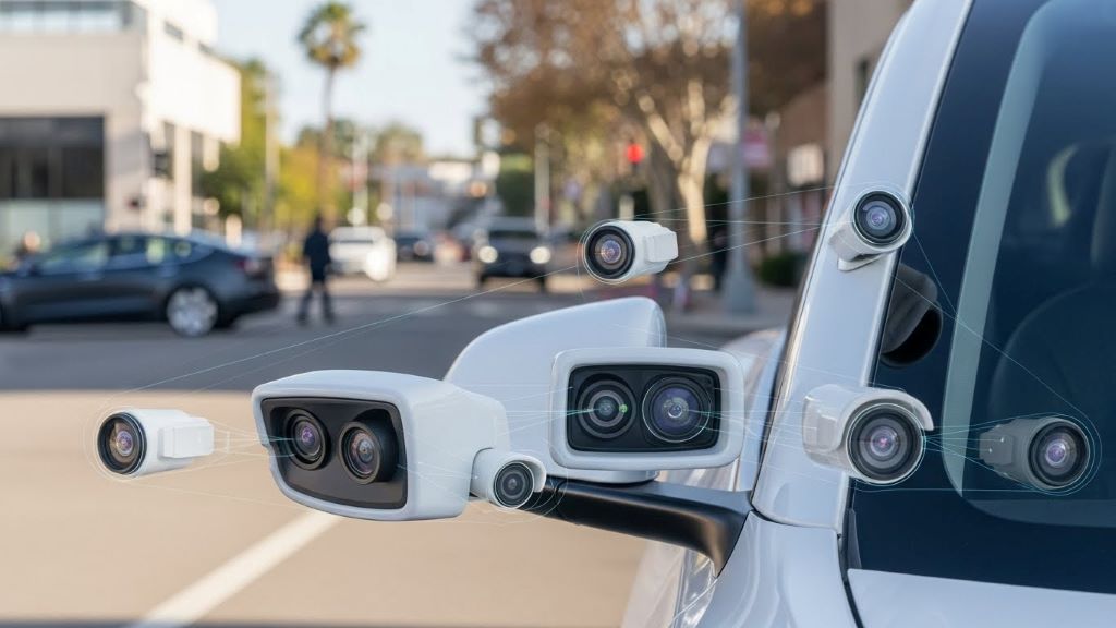 Tesla Full Self-Driving camera system showing eight-camera array for vision-only autonomous perception