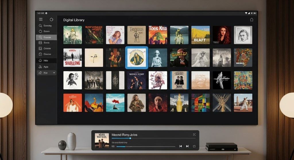 Organized digital music library display with album covers arranged in grid layout on distraction-free player application