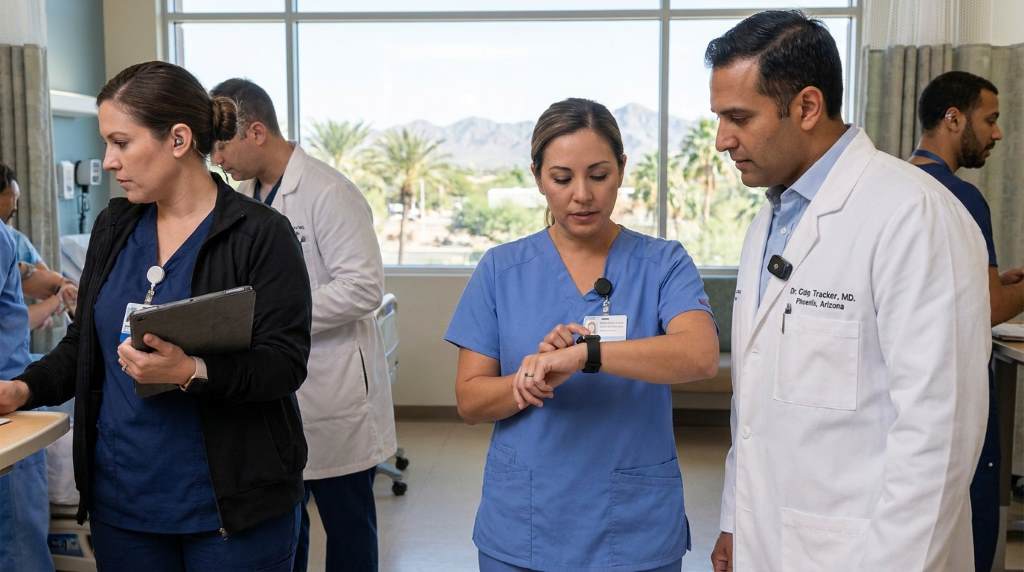 Phoenix healthcare worker using smartwatch in silent mode during hospital shift