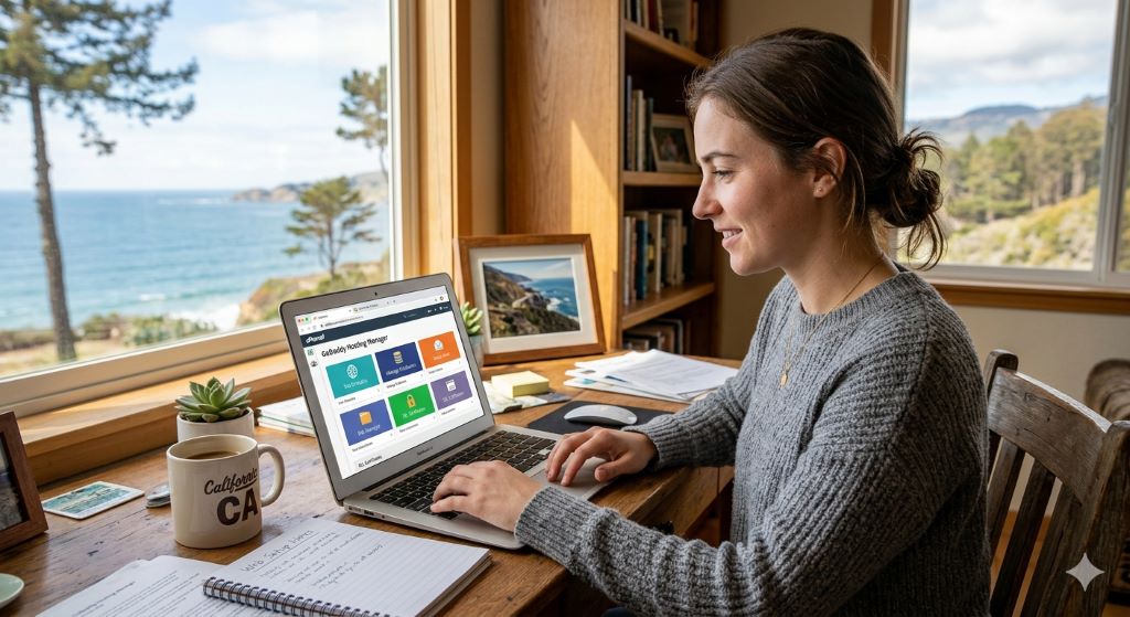 Beginner website owner managing web hosting settings on a laptop in California CA