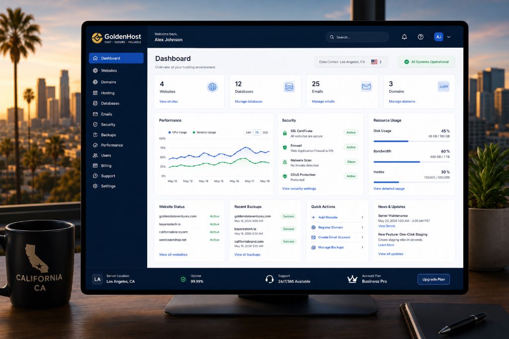 Hosting dashboard displayed on computer screen with security and performance tools in California CA