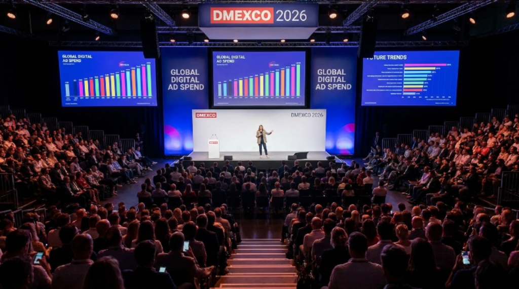 A keynote speaker presenting to a packed auditorium at the DMEXCO 2026 Conference, with large screens displaying digital marketing trend data