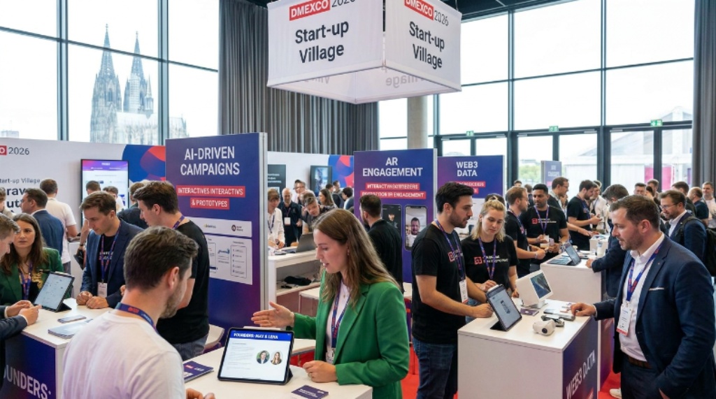 Startup founders showcasing innovative marketing technology solutions at the DMEXCO 2026 Start-up Village exhibit hall in Cologne