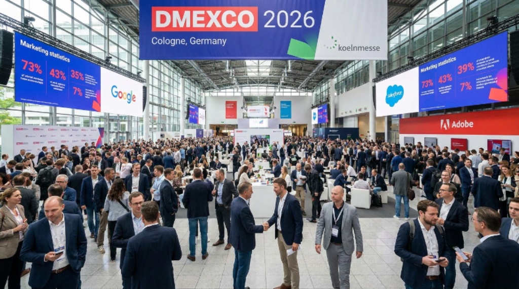 Thousands of digital marketing professionals networking on the exhibition floor at DMEXCO 2026 inside Koelnmesse in Cologne, Germany
