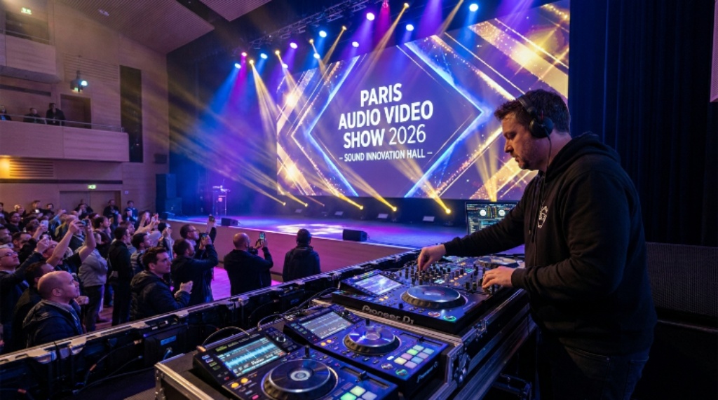 A DJ performing a live demonstration with mixing consoles and stage lighting in the new music hall at the Paris Audio Video Show 2026