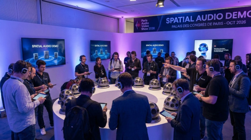 Visitors testing new spatial audio speaker systems in a live demonstration room at the Paris Audio Video Show 2026 inside the Palais des Congrès de Paris