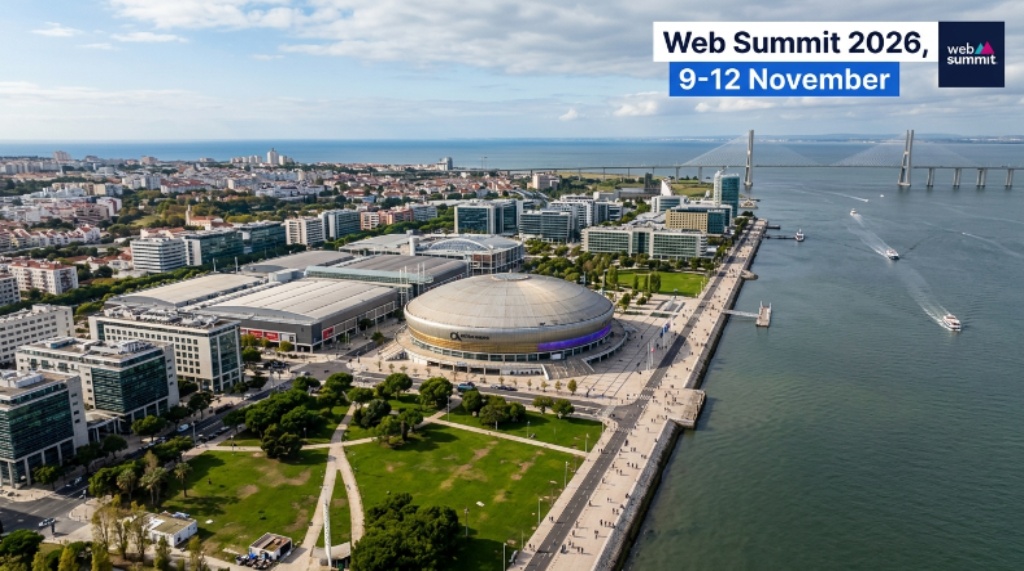 Aerial view of the Altice Arena and Parque das Nações waterfront district in Lisbon, the venue for Web Summit 2026 from 9 to 12 November