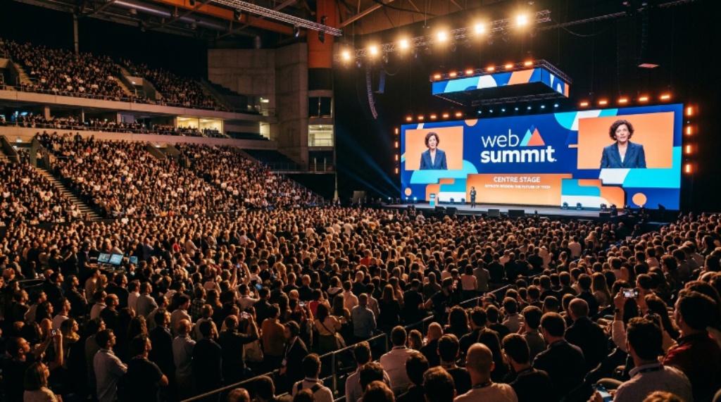 Thousands of tech professionals attending a keynote session on the Centre Stage at Web Summit in Lisbon, Portugal