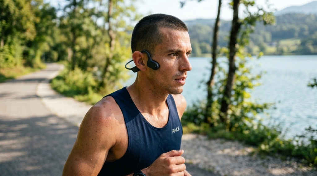 Athlete wearing black bone conduction headset correctly on cheekbone while running outdoors.