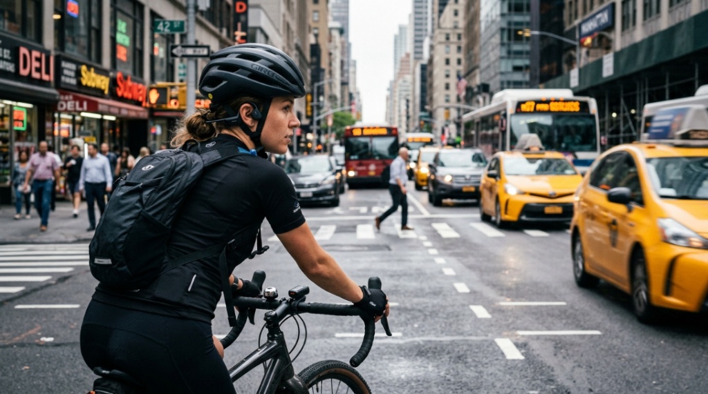 Cyclist wearing open ear bone conduction headphones navigating busy urban traffic safely.