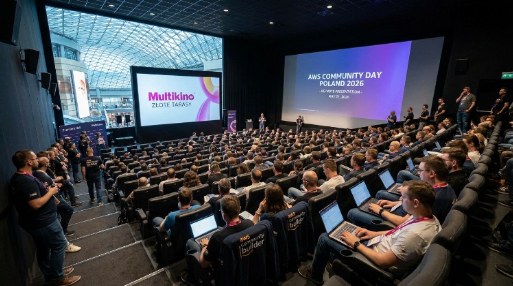 AWS Community Builders and developers attending a keynote presentation in the large-screen Premiere Hall at Multikino Złote Tarasy during AWS Community Day Poland 2026 in Warsaw