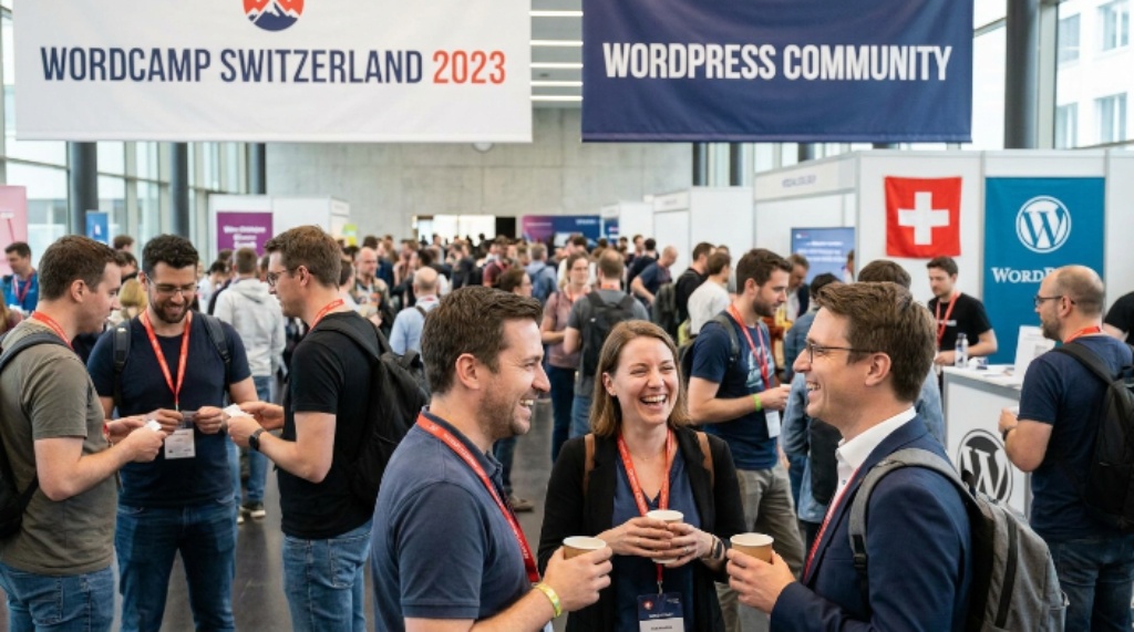 WordPress community attendees networking at WordCamp Switzerland conference