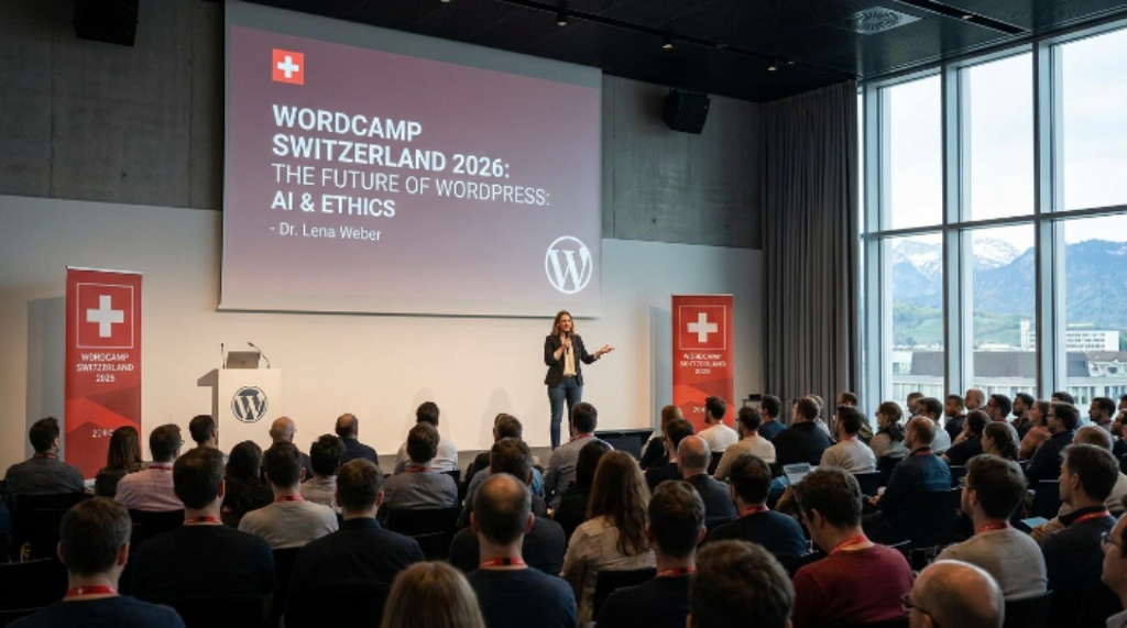 Speaker presenting on stage at WordCamp Switzerland 2026 breakout session