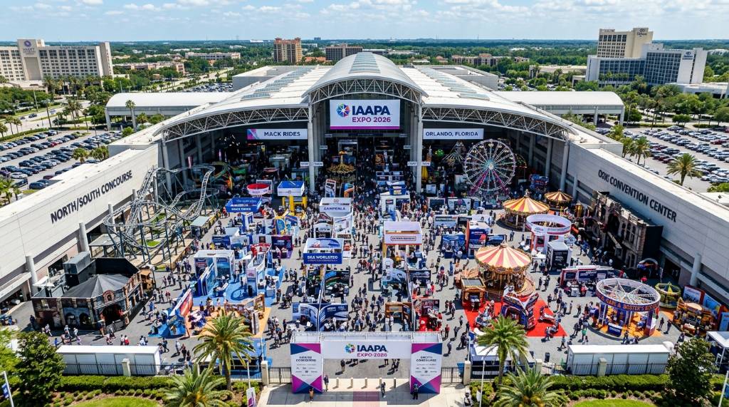 Aerial view of the IAAPA Expo 2026 show floor at the Orange County Convention Center in Orlando, Florida