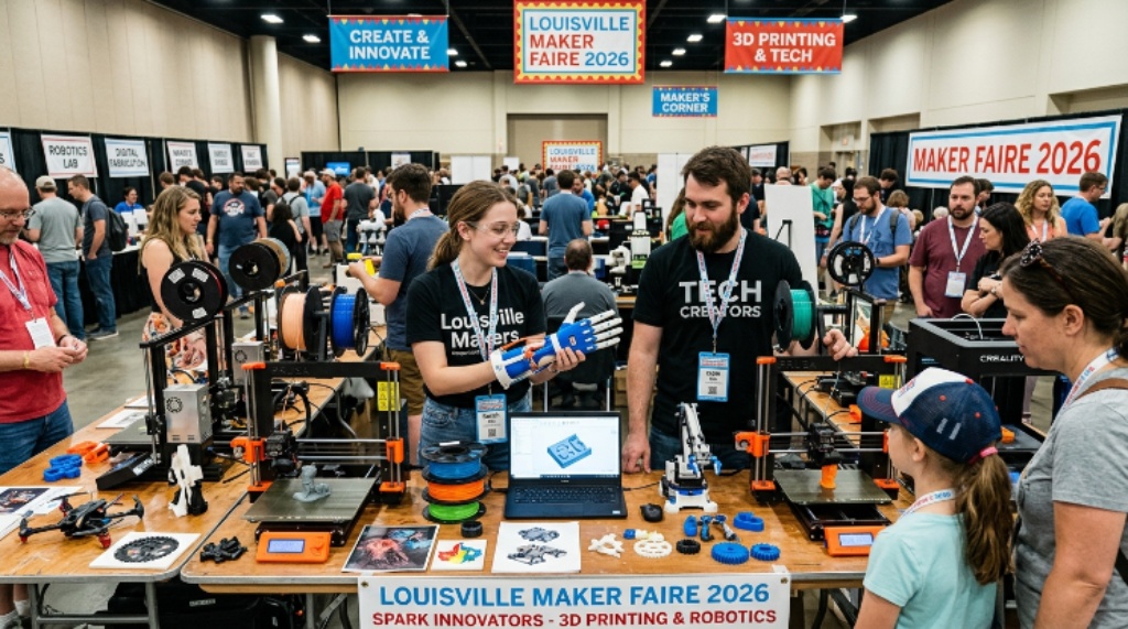 Makers displaying 3D printing and technology projects at Louisville Maker Faire 2026