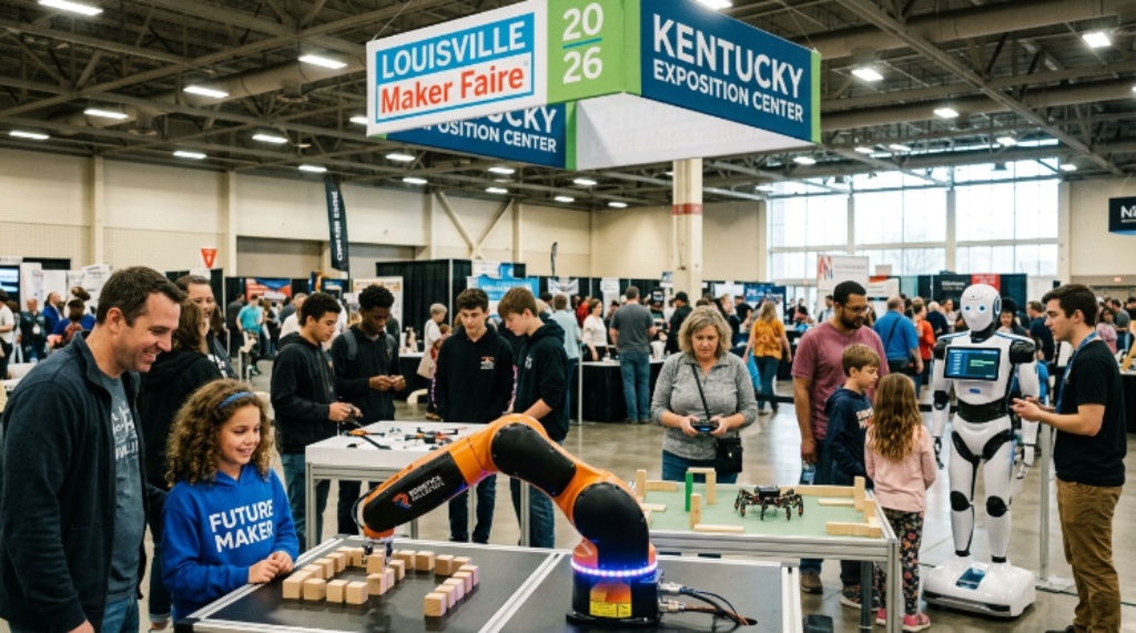 Visitors exploring robotics exhibits at Louisville Maker Faire 2026 at the Kentucky Exposition Center