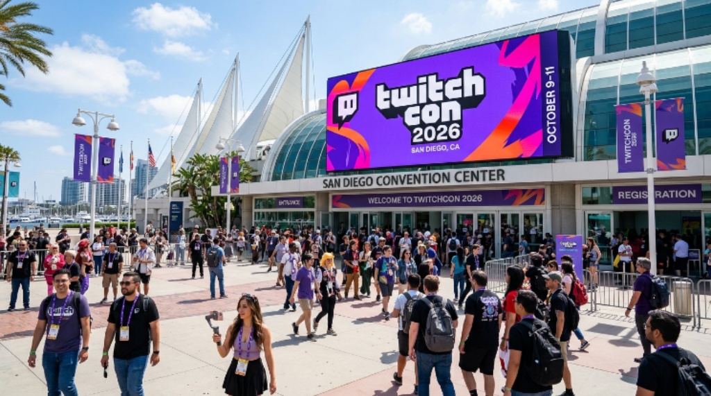TwitchCon 2026 logo displayed on a large screen at the San Diego Convention Center entrance