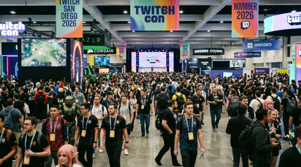 Crowds of attendees walking through the TwitchCon San Diego convention floor in November 2026