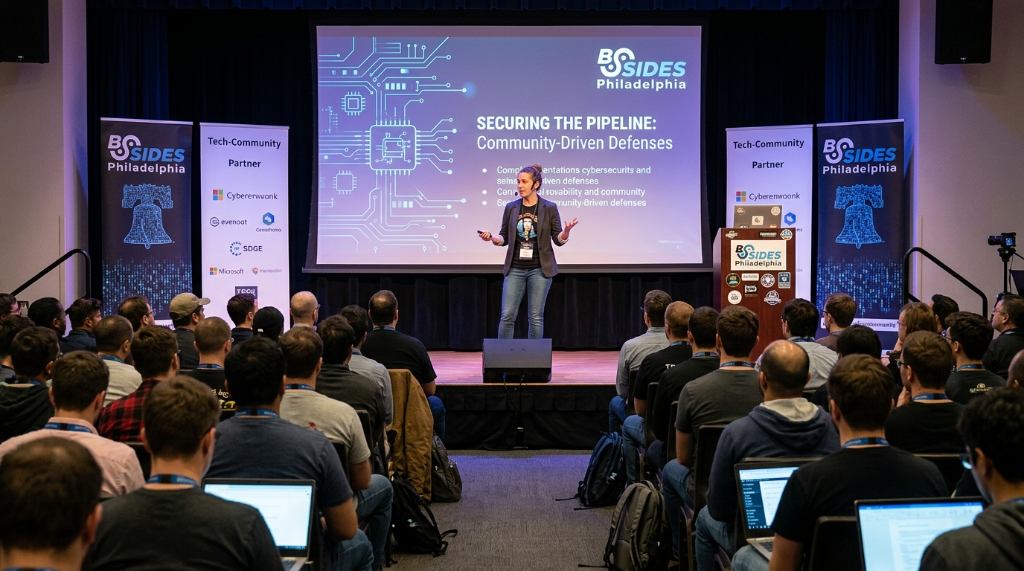 Speaker presenting a cybersecurity talk on stage at BSides Philadelphia annual community event