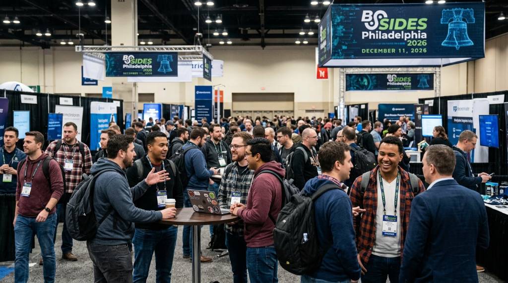 A crowd of cybersecurity professionals networking at BSides Philadelphia 2026 conference on December 11