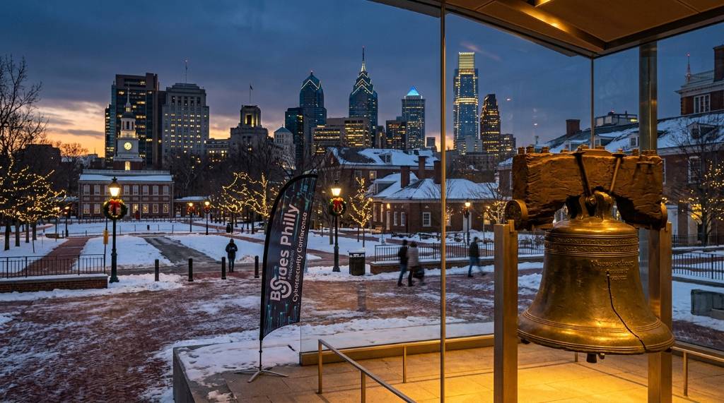 Philadelphia skyline in December with the Liberty Bell in the foreground representing the BSides Philly conference location