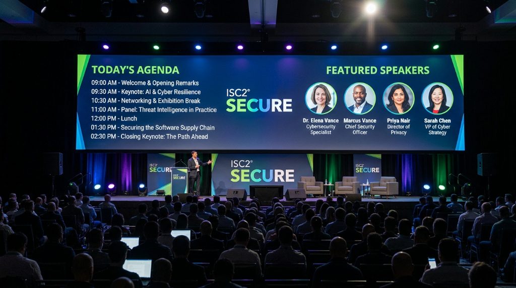 ISC2 SECURE event agenda and speaker lineup displayed on conference screen