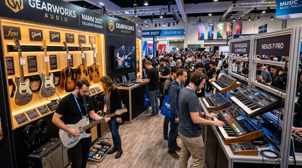 Guitar and synthesizer displays at a music trade show booth during the NAMM Show 2027