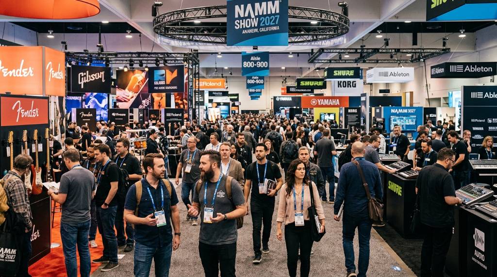 Crowd of music industry professionals walking the exhibit floor at the NAMM Show 2027 in Anaheim, California